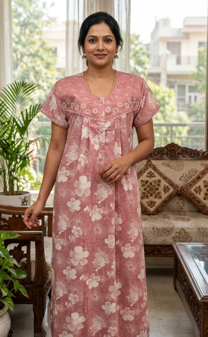 English Pink Garden Soft Crushed Nighty. Soft Breathable Fabric | Laces and Frills