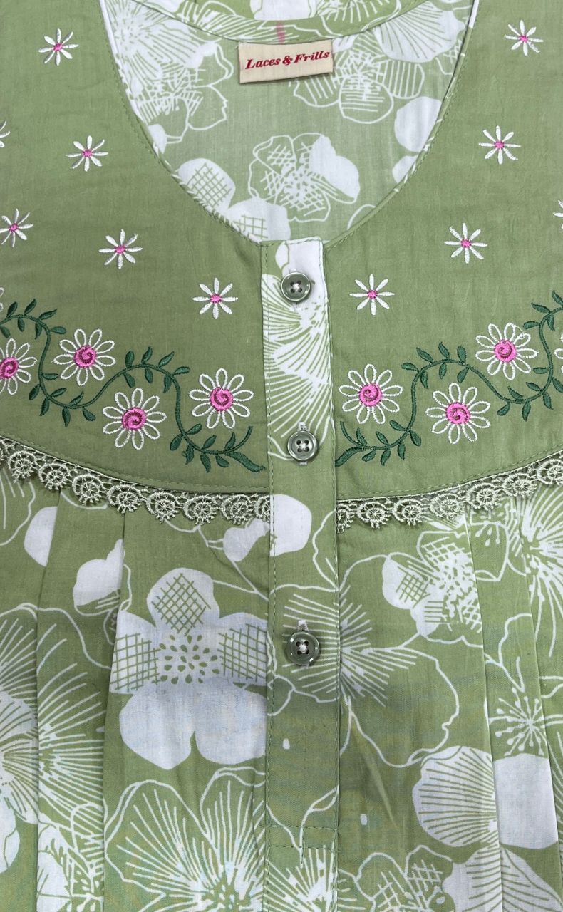 Pista Green Garden soft Crushed Nighty.Soft Breathable Fabric | Laces and Frills - Laces and Frills