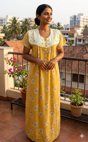 Yellow Garden Soft Crushed Nighty.Soft Breathable Fabric | Laces and Frills - Laces and Frills