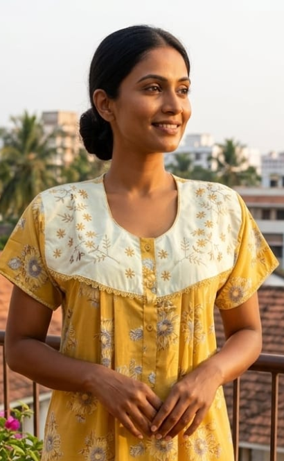 Yellow Garden Soft Crushed Nighty.Soft Breathable Fabric | Laces and Frills - Laces and Frills