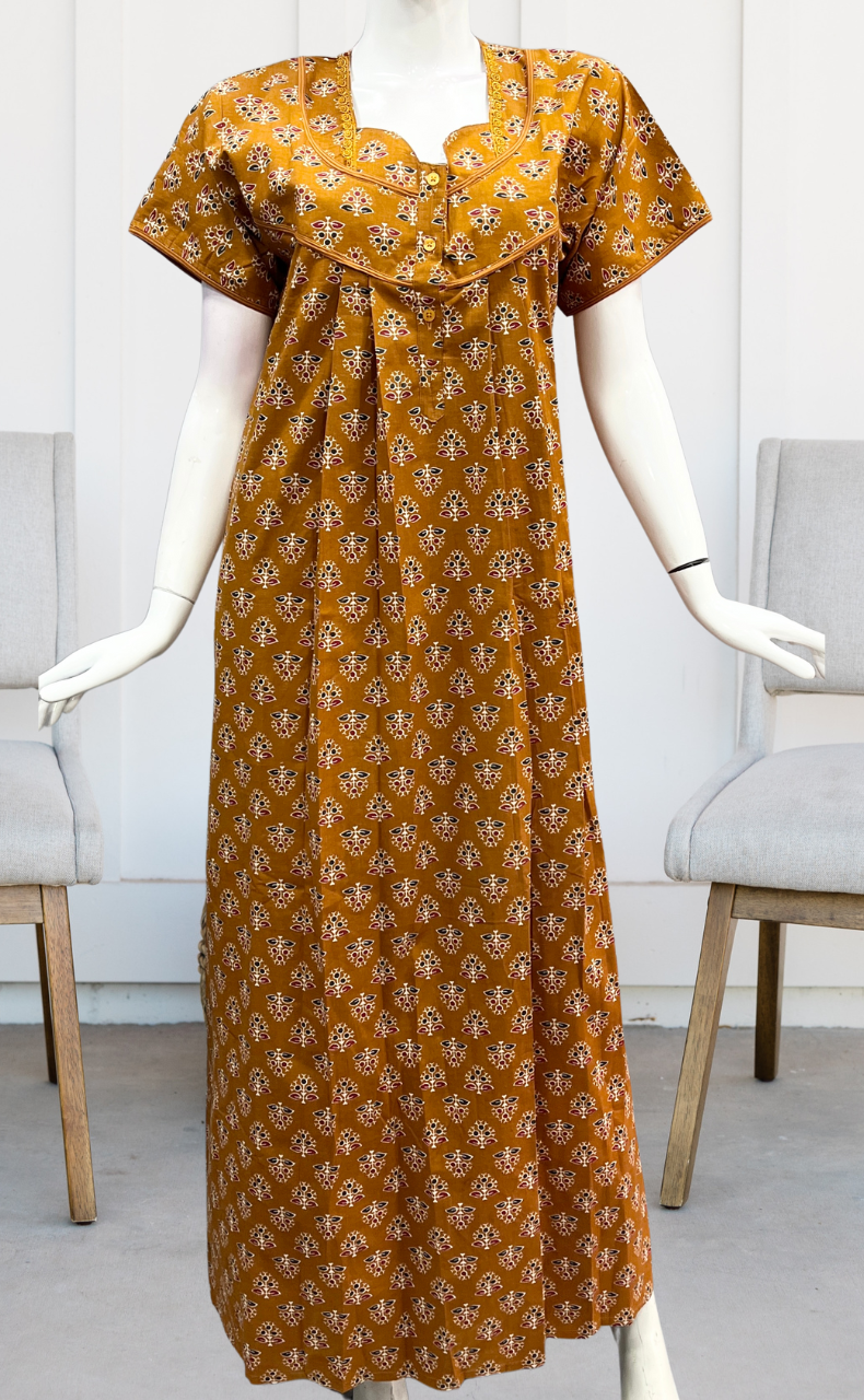 Mustard Tiny Floral Pure Cotton Nighty. Pure Durable Cotton | Laces and Frills - Laces and Frills