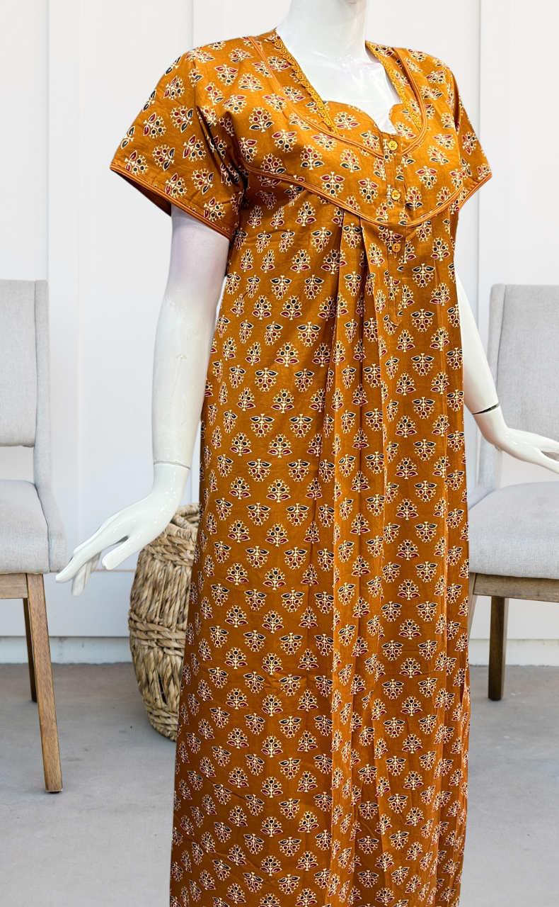 Mustard Tiny Floral Pure Cotton Nighty. Pure Durable Cotton | Laces and Frills - Laces and Frills
