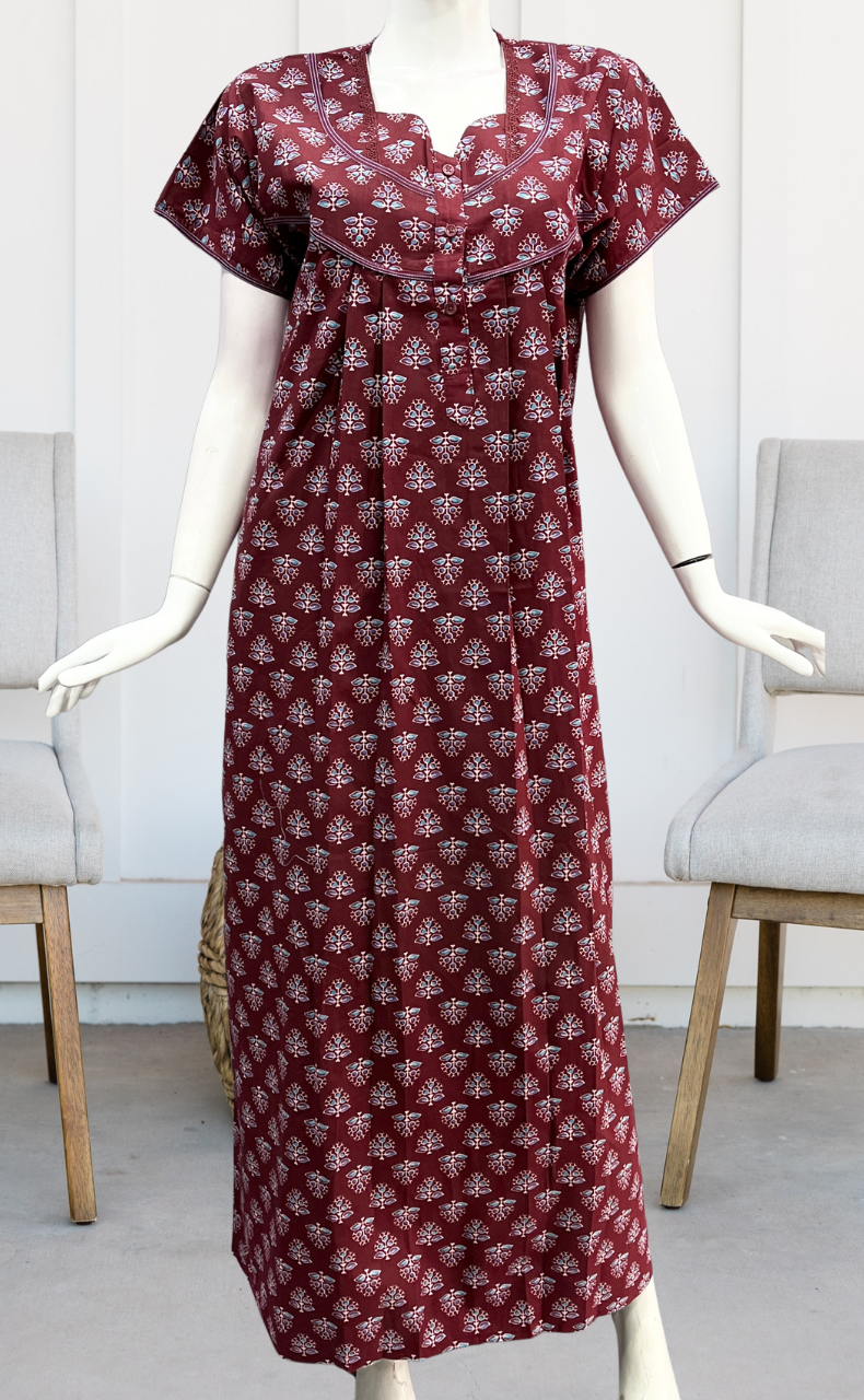 Maroon Tiny Floral Pure Cotton Nighty. Pure Durable Cotton | Laces and Frills - Laces and Frills