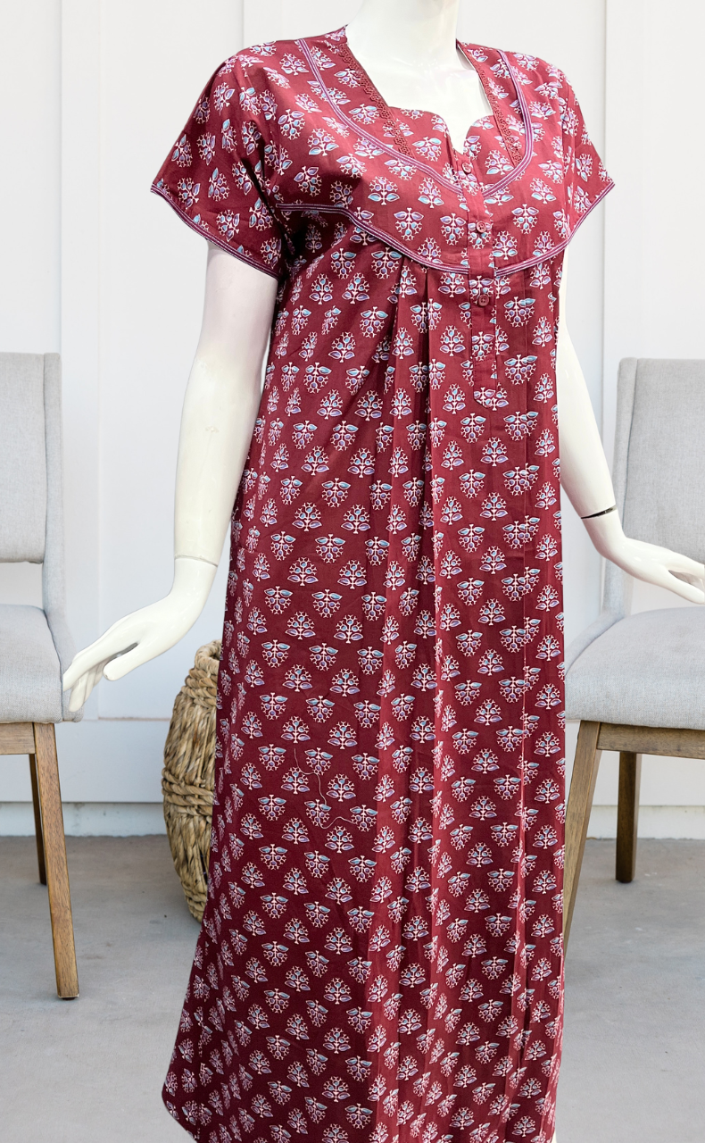 Maroon Tiny Floral Pure Cotton Nighty. Pure Durable Cotton | Laces and Frills - Laces and Frills