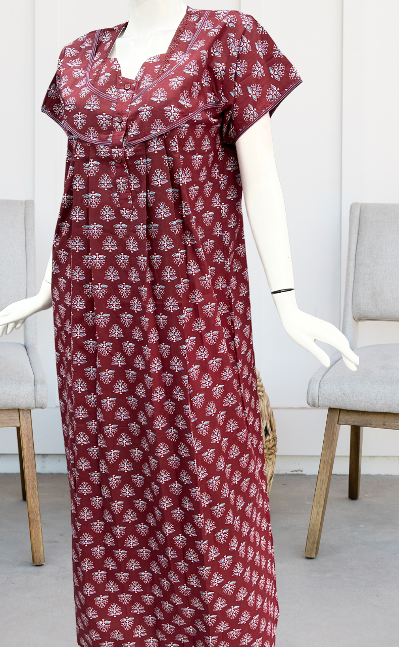 Maroon Tiny Floral Pure Cotton Nighty. Pure Durable Cotton | Laces and Frills - Laces and Frills