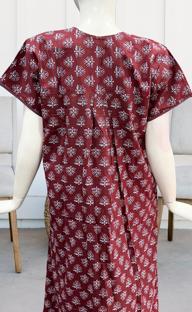 Maroon Tiny Floral Pure Cotton Nighty. Pure Durable Cotton | Laces and Frills - Laces and Frills