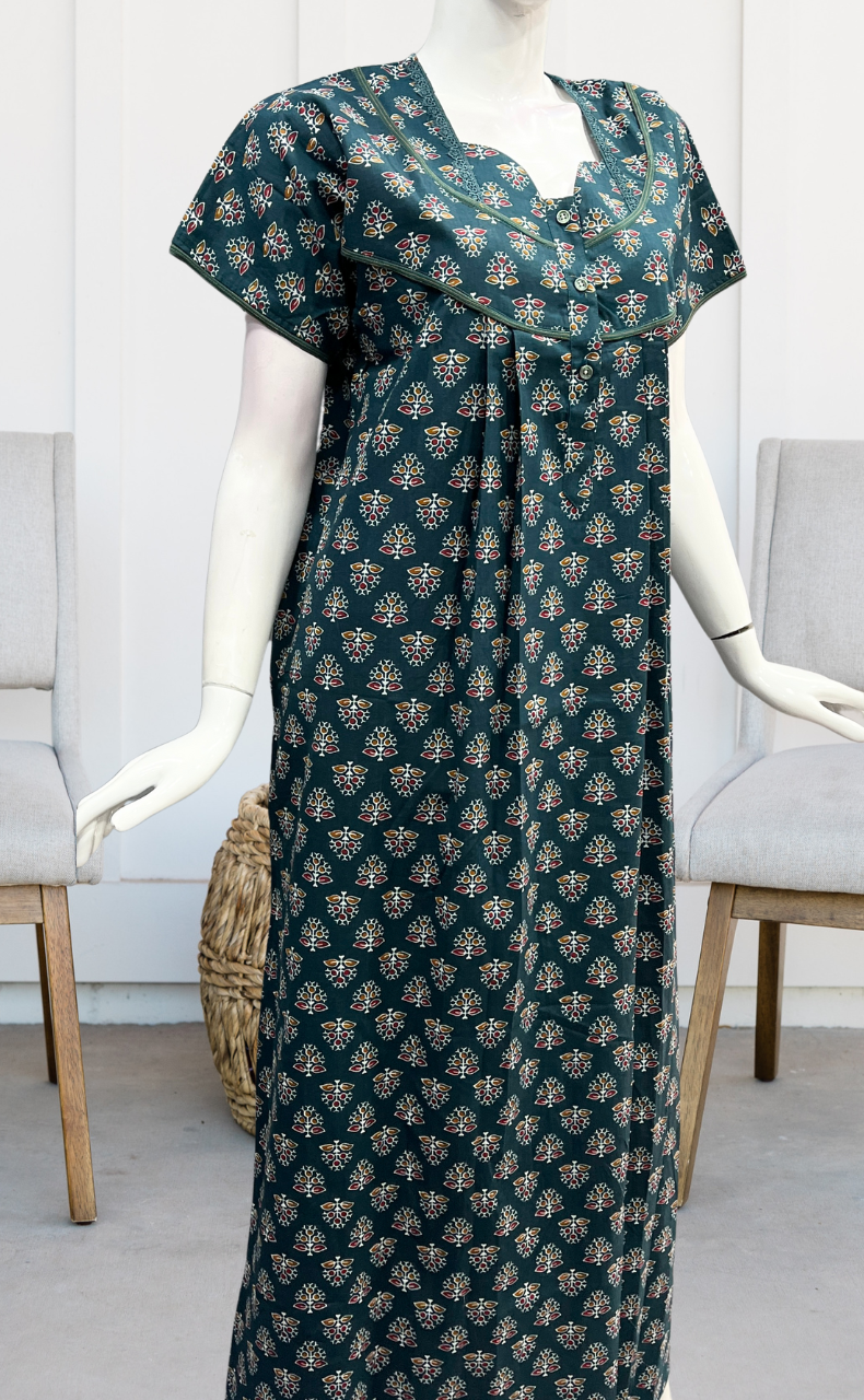 Teal Green Tiny Floral Pure Cotton Nighty. Pure Durable Cotton | Laces and Frills - Laces and Frills