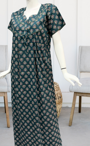 Teal Green Tiny Floral Pure Cotton Nighty. Pure Durable Cotton | Laces and Frills - Laces and Frills
