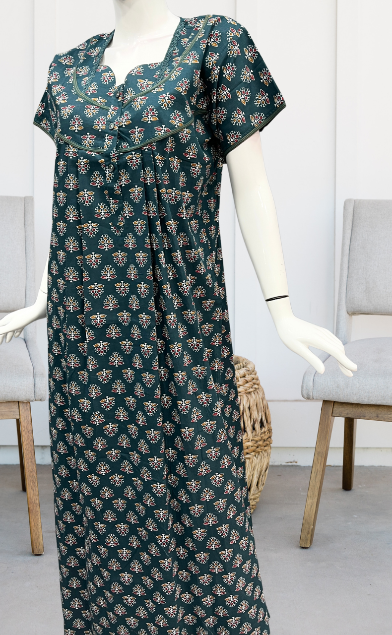 Teal Green Tiny Floral Pure Cotton Nighty. Pure Durable Cotton | Laces and Frills - Laces and Frills
