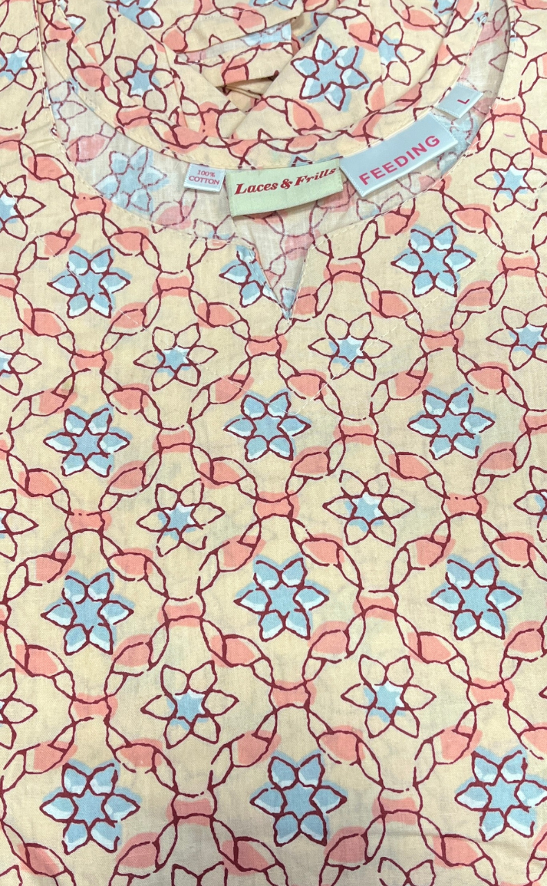 Peach/Blue Garden Pure Cotton Feeding Nursing Nighty. Pure Durable Cotton | Laces and Frills - Laces and Frills