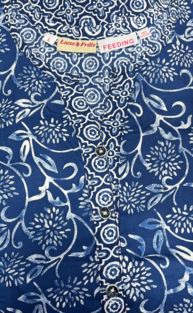 Indigo Blue Garden Pure Cotton Feeding Nursing Nighty . Pure Durable Cotton | Laces and Frills - Laces and Frills