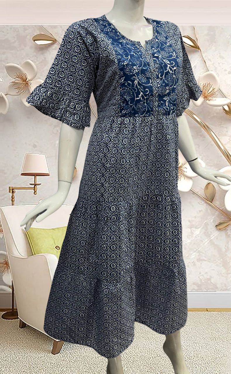 Indigo Blue Garden Pure Cotton Feeding Nursing Nighty . Pure Durable Cotton | Laces and Frills - Laces and Frills