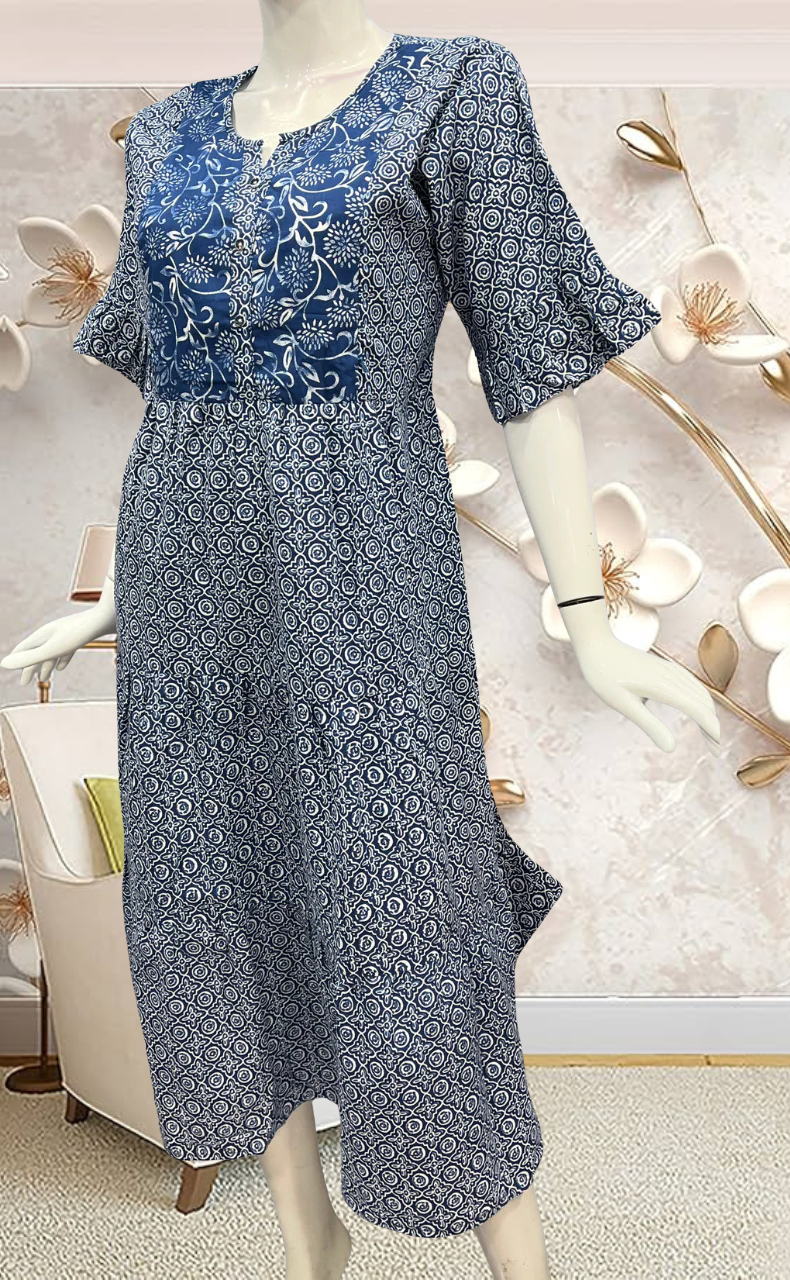 Indigo Blue Garden Pure Cotton Feeding Nursing Nighty . Pure Durable Cotton | Laces and Frills - Laces and Frills