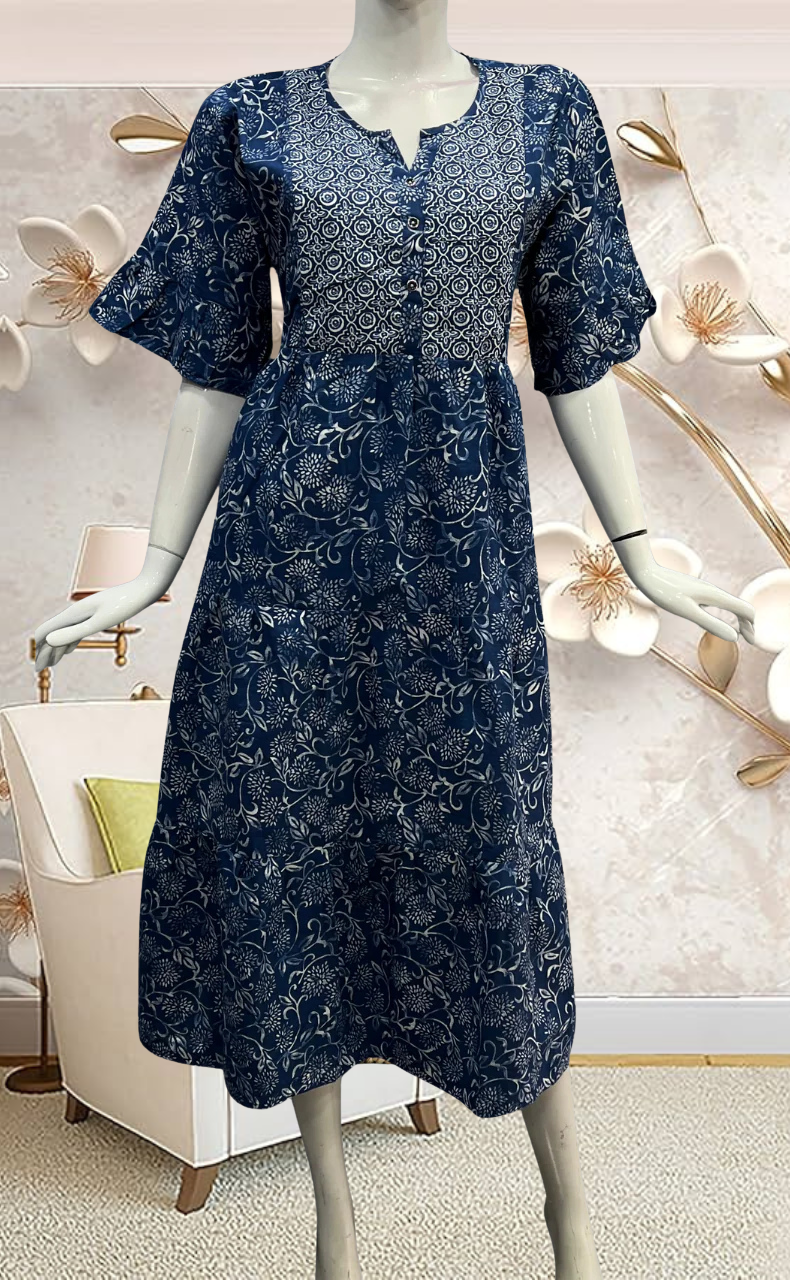 Indigo Blue Garden Pure Cotton Feeding Nursing Nighty . Pure Durable Cotton | Laces and Frills - Laces and Frills