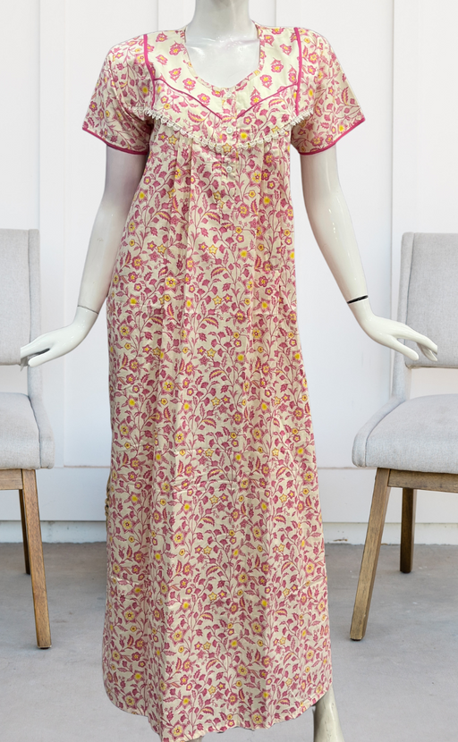 Pink Tiny Floral Pure Cotton Nighty. Pure Durable Cotton | Laces and Frills - Laces and Frills