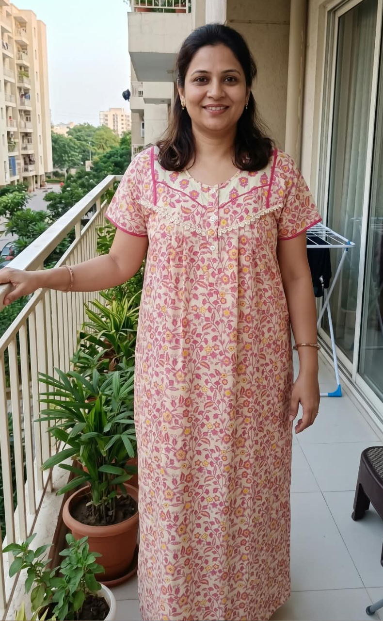 Pink Tiny Floral Pure Cotton Nighty. Pure Durable Cotton | Laces and Frills