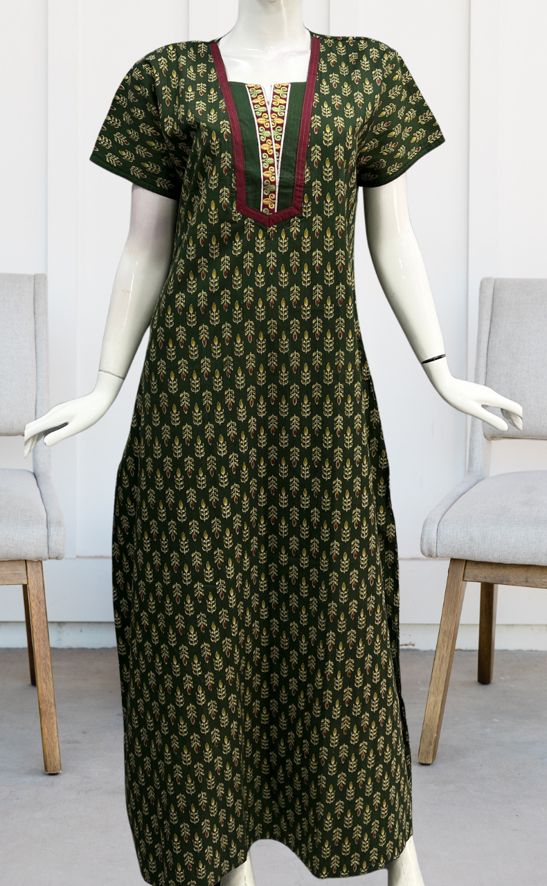 Green Leafy Pure Cotton Nighty. Pure Durable Cotton | Laces and Frills - Laces and Frills