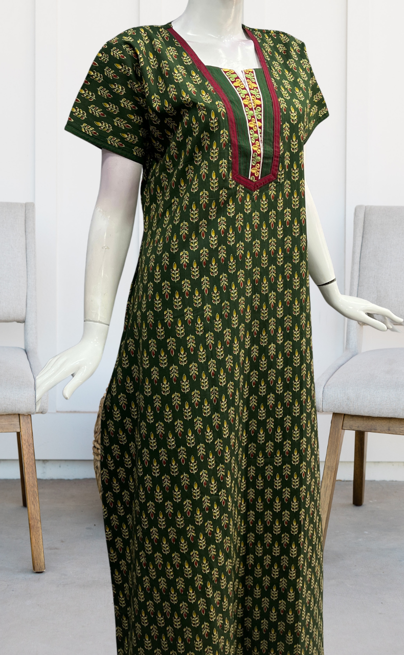 Green Leafy Pure Cotton Nighty. Pure Durable Cotton | Laces and Frills - Laces and Frills