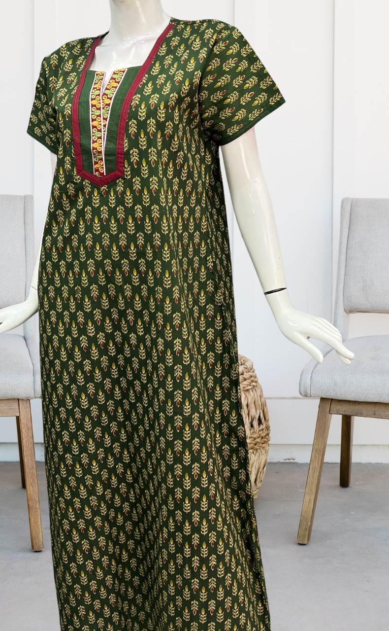 Green Leafy Pure Cotton Nighty. Pure Durable Cotton | Laces and Frills - Laces and Frills