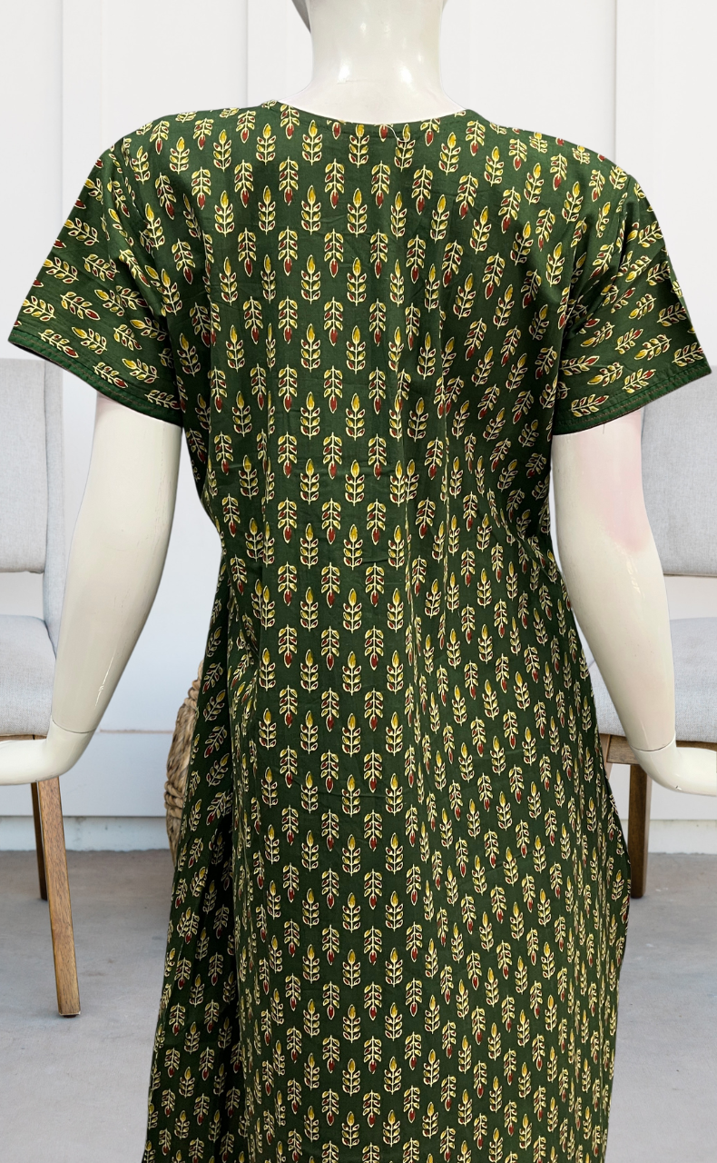 Green Leafy Pure Cotton Nighty. Pure Durable Cotton | Laces and Frills - Laces and Frills