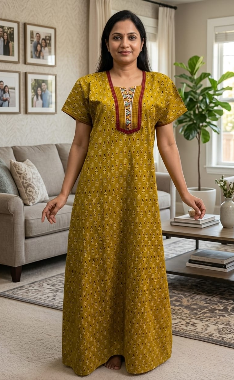 Mustard Leafy Pure Cotton Nighty. Pure Durable Cotton | Laces and Frills