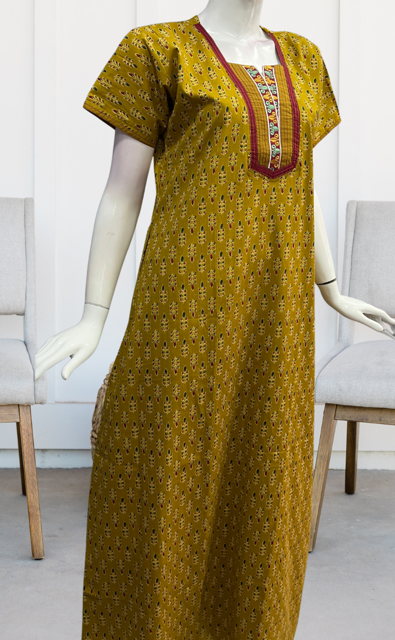 Mustard Leafy Pure Cotton Nighty. Pure Durable Cotton | Laces and Frills - Laces and Frills