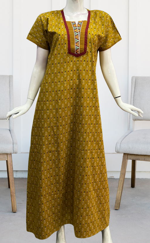 Mustard Leafy Pure Cotton Nighty. Pure Durable Cotton | Laces and Frills - Laces and Frills