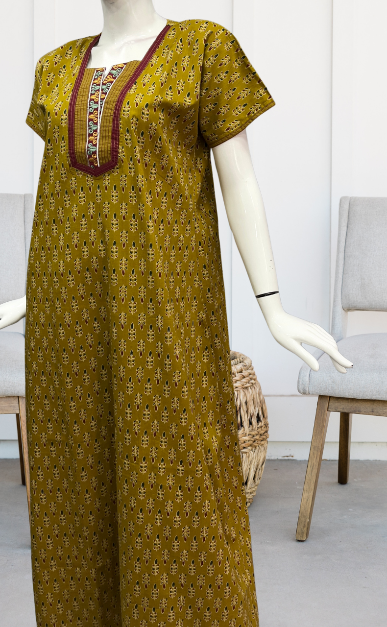 Mustard Leafy Pure Cotton Nighty. Pure Durable Cotton | Laces and Frills - Laces and Frills