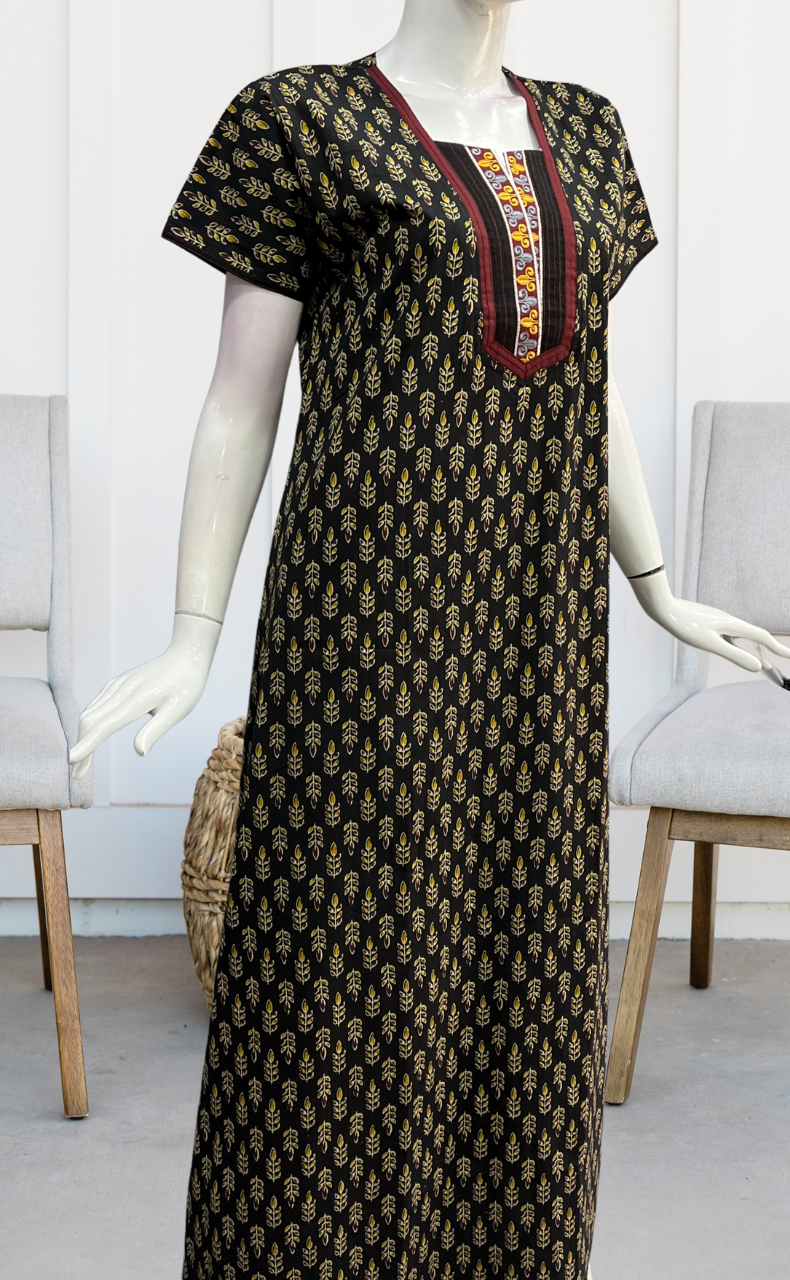 Black Leafy Pure Cotton Nighty. Pure Durable Cotton | Laces and Frills - Laces and Frills