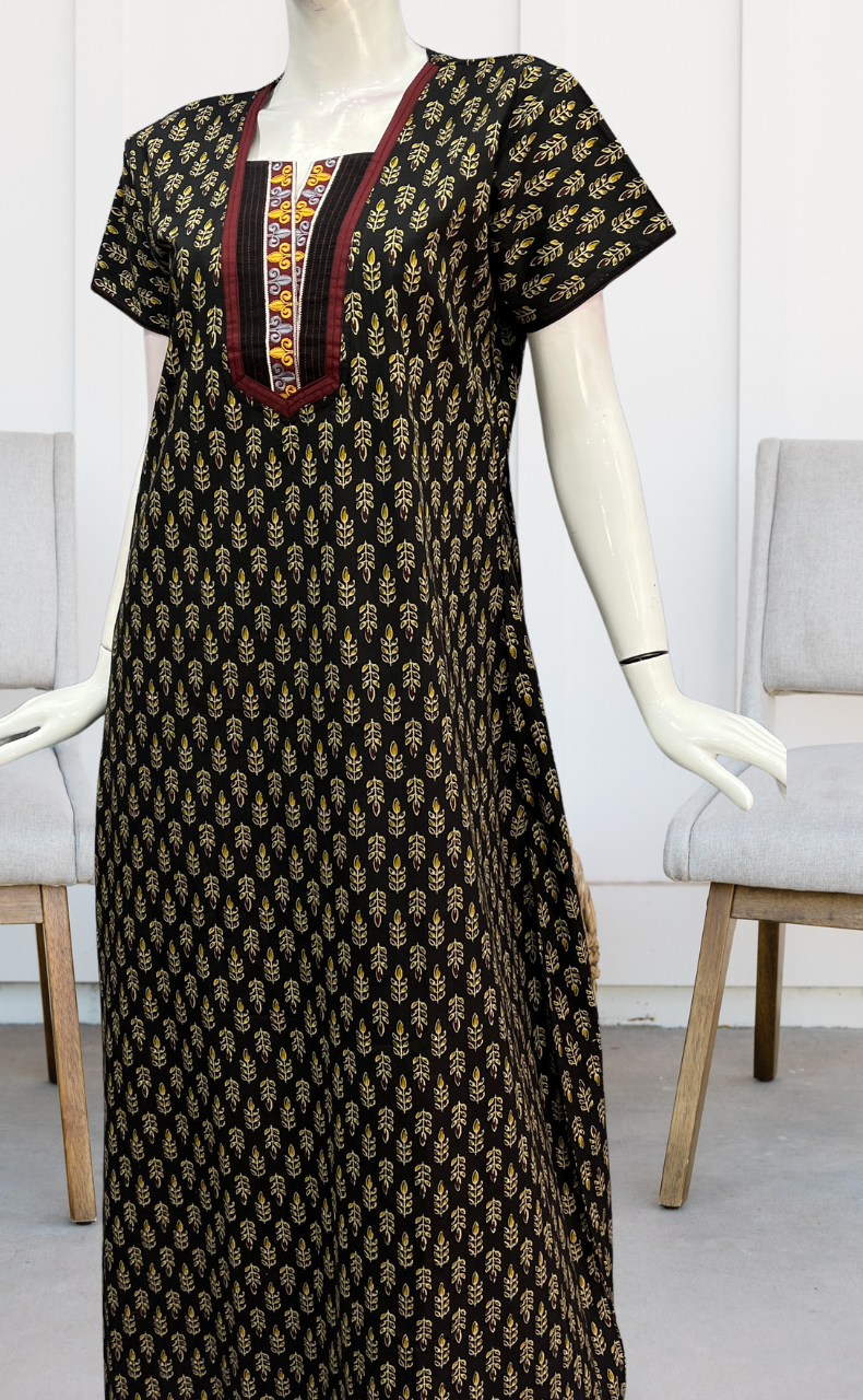 Black Leafy Pure Cotton Nighty. Pure Durable Cotton | Laces and Frills - Laces and Frills