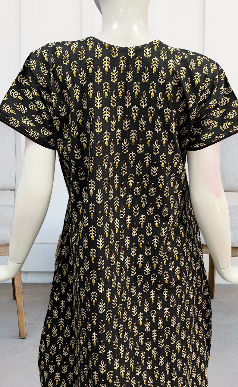 Black Leafy Pure Cotton Nighty. Pure Durable Cotton | Laces and Frills - Laces and Frills