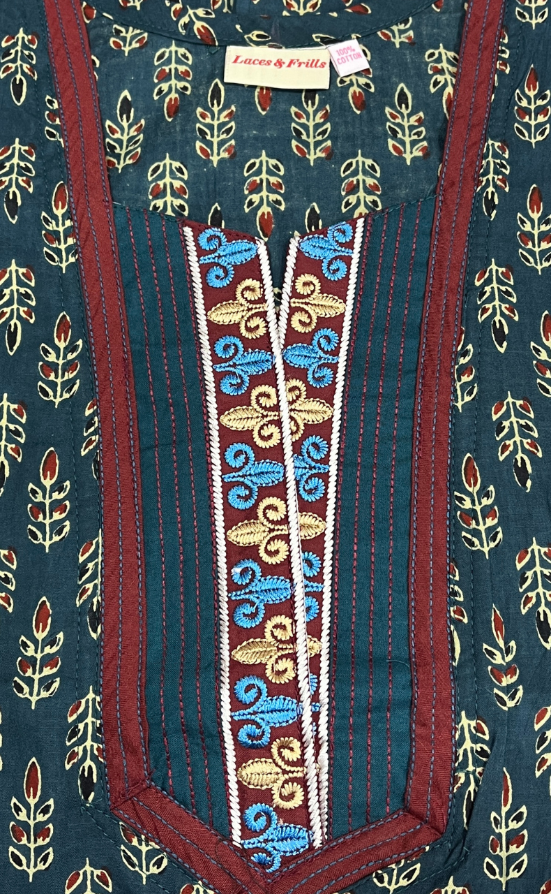 Teal Blue Leafy Pure Cotton Nighty. Pure Durable Cotton | Laces and Frills - Laces and Frills