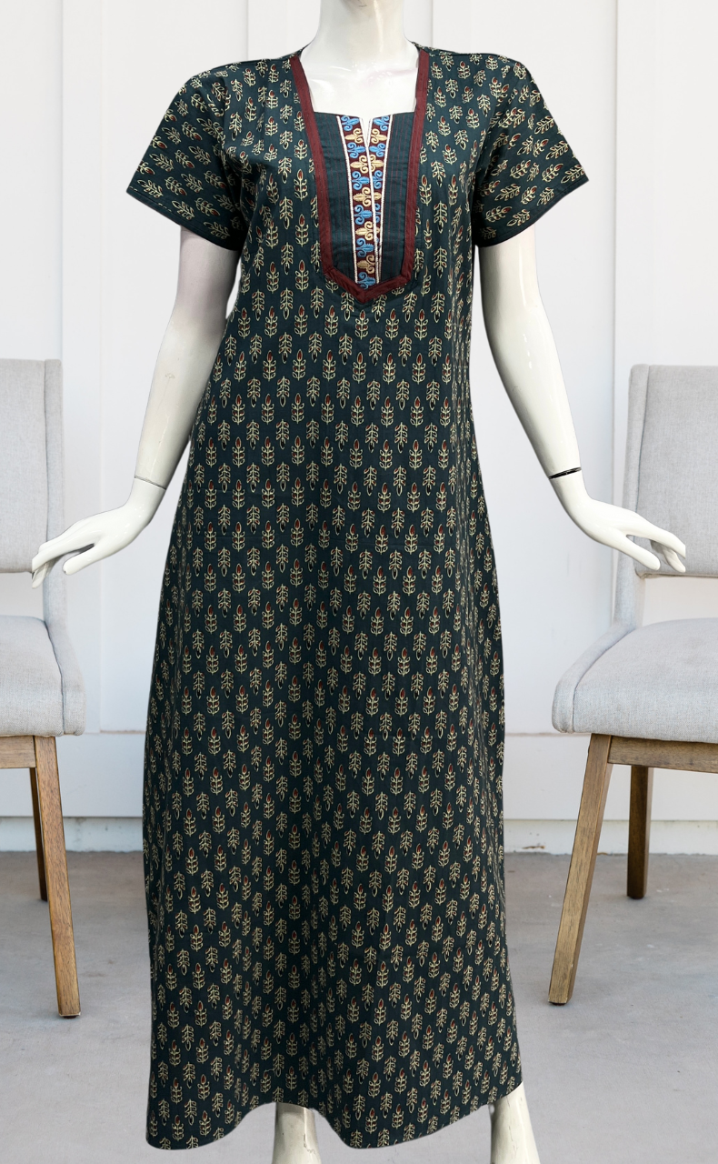 Teal Blue Leafy Pure Cotton Nighty. Pure Durable Cotton | Laces and Frills - Laces and Frills