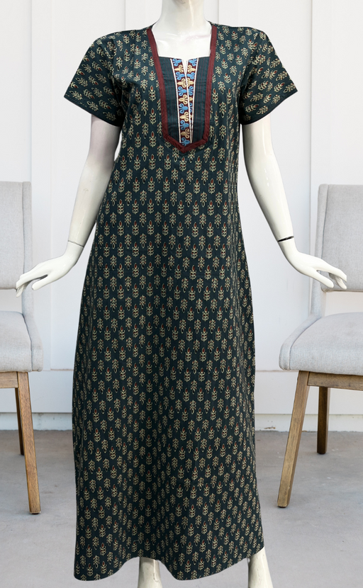 Teal Blue Leafy Pure Cotton Nighty. Pure Durable Cotton | Laces and Frills - Laces and Frills