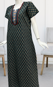 Teal Blue Leafy Pure Cotton Nighty. Pure Durable Cotton | Laces and Frills - Laces and Frills