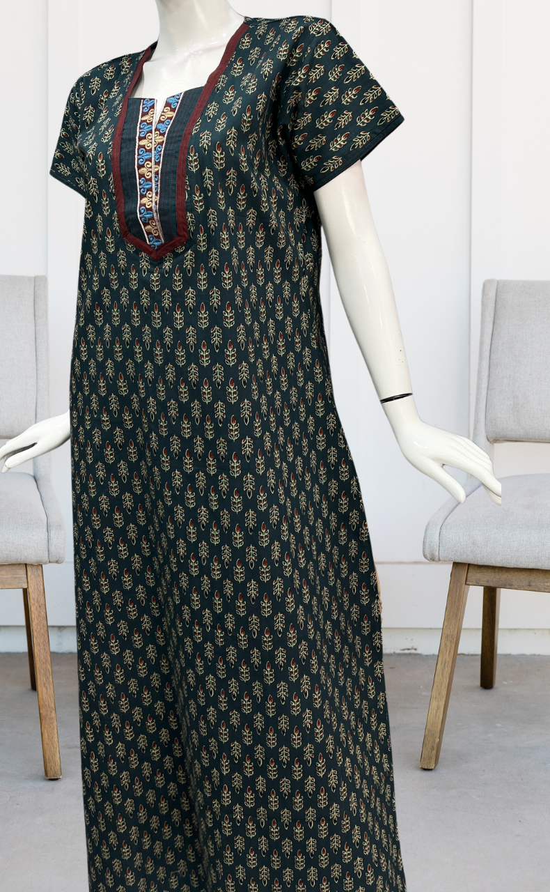 Teal Blue Leafy Pure Cotton Nighty. Pure Durable Cotton | Laces and Frills - Laces and Frills