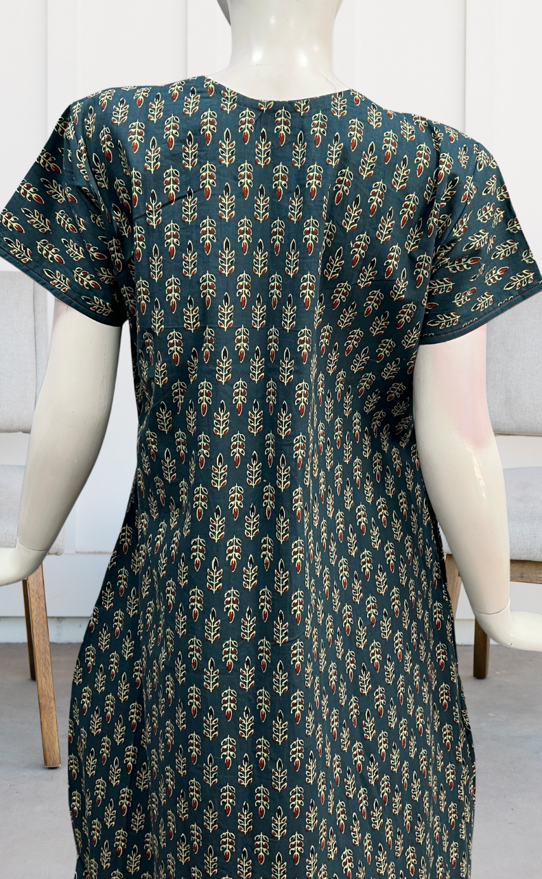 Teal Blue Leafy Pure Cotton Nighty. Pure Durable Cotton | Laces and Frills - Laces and Frills