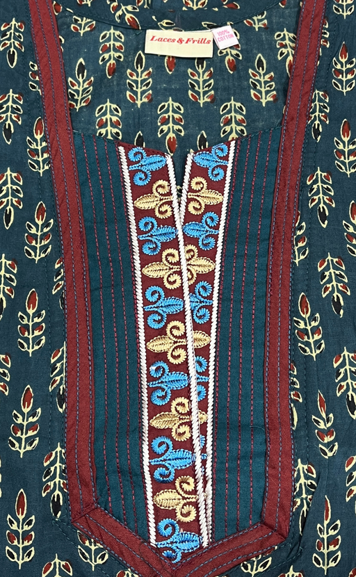 Teal Blue Leafy Pure Cotton Nighty. Pure Durable Cotton | Laces and Frills - Laces and Frills