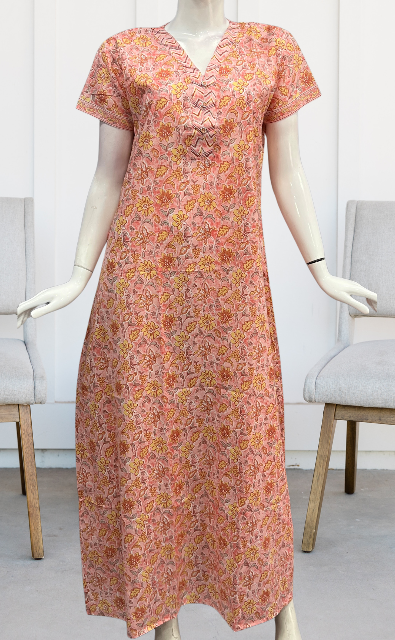 Peach Floral Pure Cotton Nighty. Pure Durable Cotton | Laces and Frills - Laces and Frills