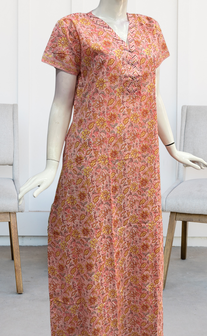 Peach Floral Pure Cotton Nighty. Pure Durable Cotton | Laces and Frills - Laces and Frills