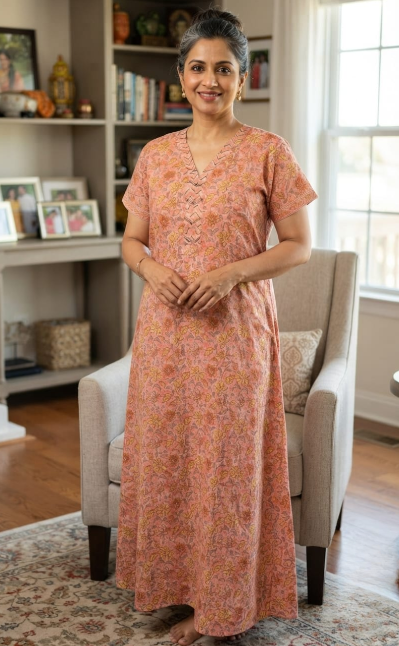 Peach Floral Pure Cotton Nighty. Pure Durable Cotton | Laces and Frills
