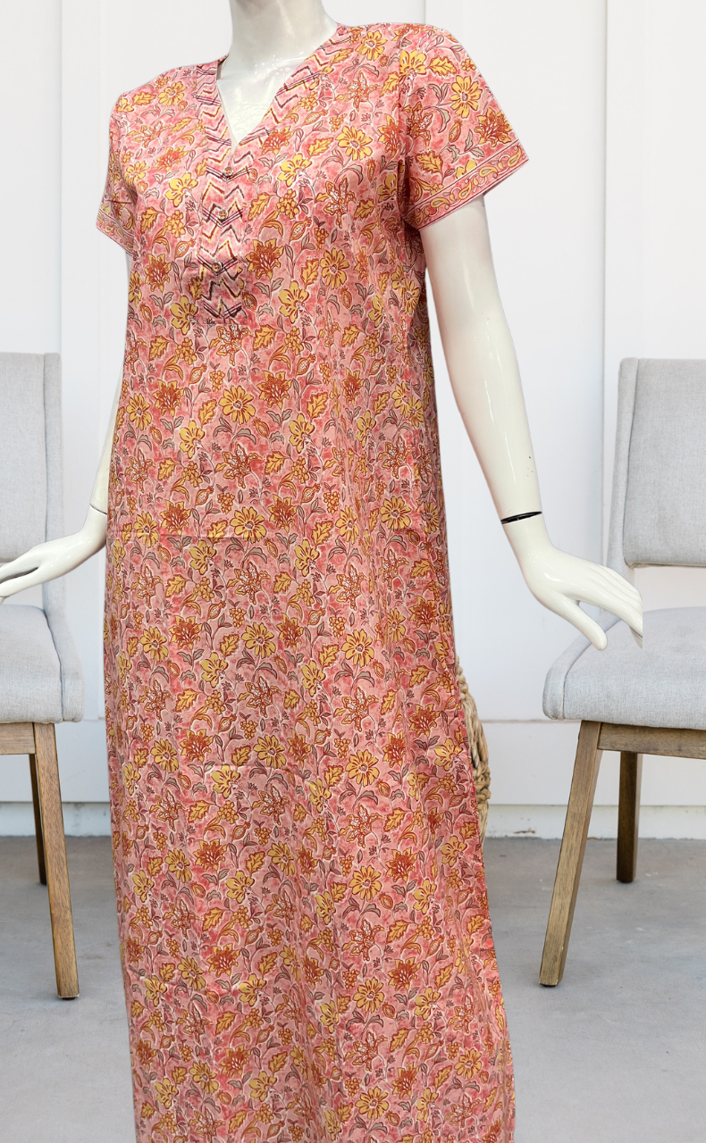 Peach Floral Pure Cotton Nighty. Pure Durable Cotton | Laces and Frills - Laces and Frills
