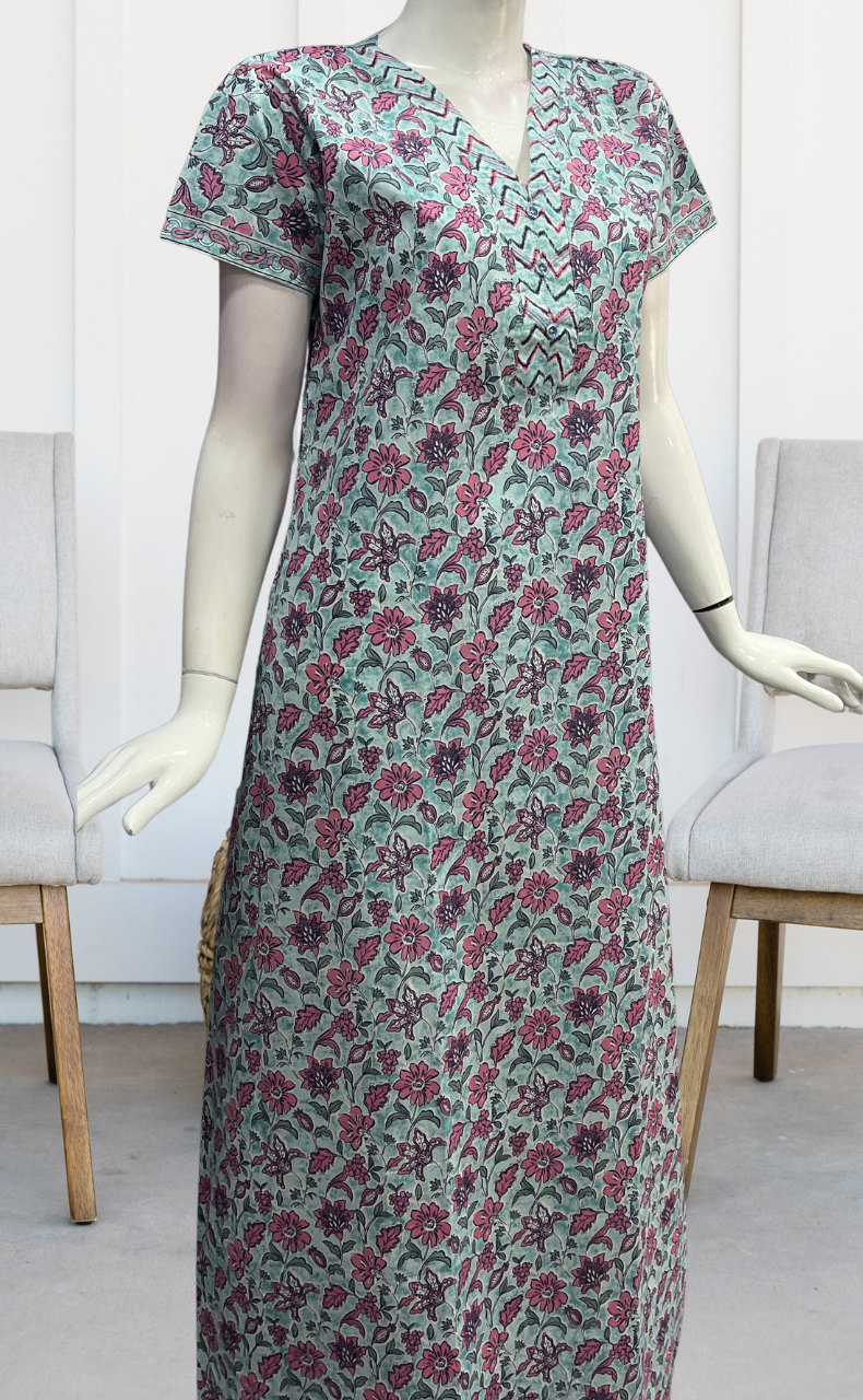 Sea Green Floral Pure Cotton Nighty. Pure Durable Cotton | Laces and Frills - Laces and Frills