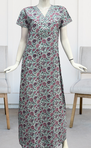 Sea Green Floral Pure Cotton Nighty. Pure Durable Cotton | Laces and Frills - Laces and Frills