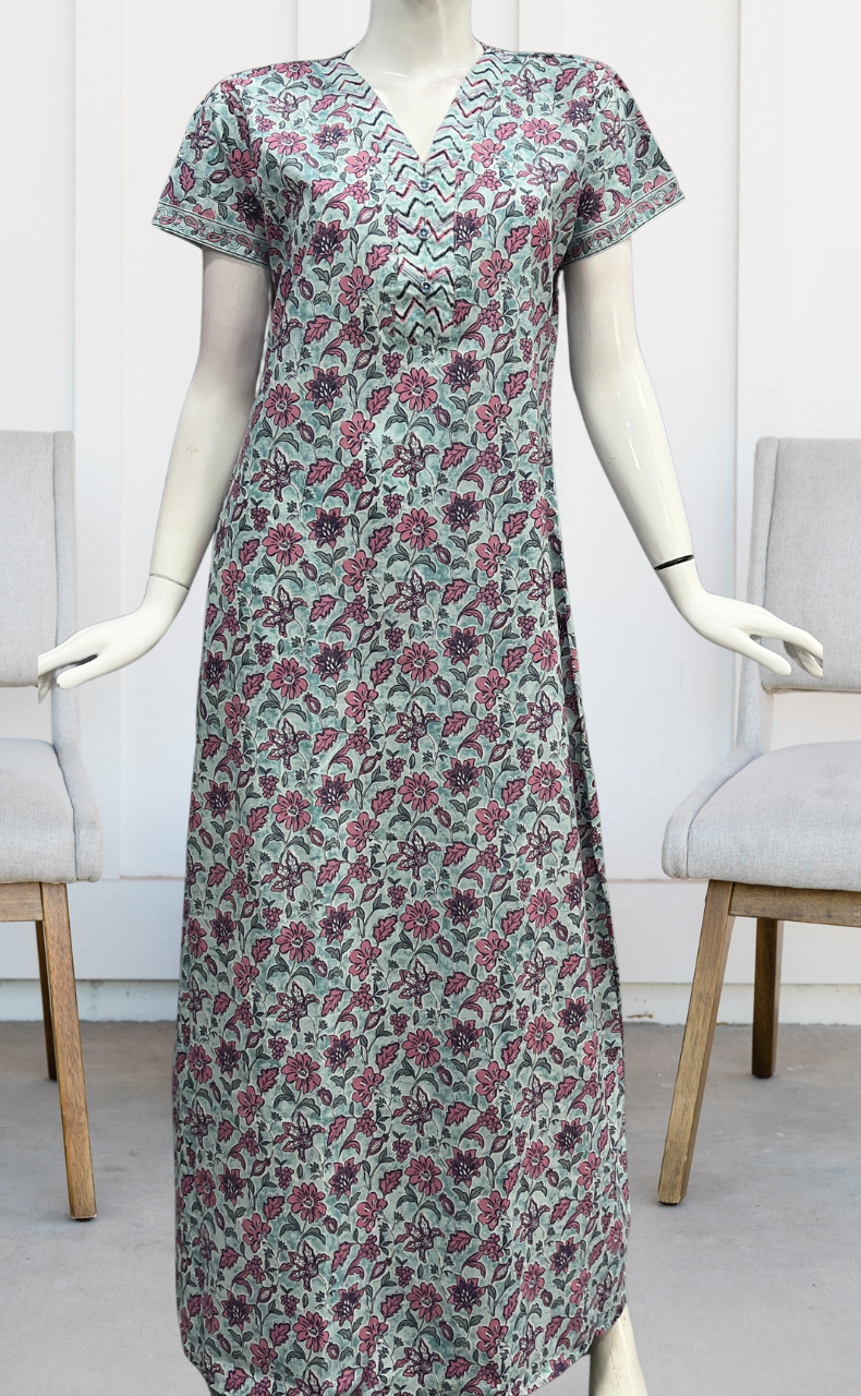 Sea Green Floral Pure Cotton Nighty. Pure Durable Cotton | Laces and Frills - Laces and Frills