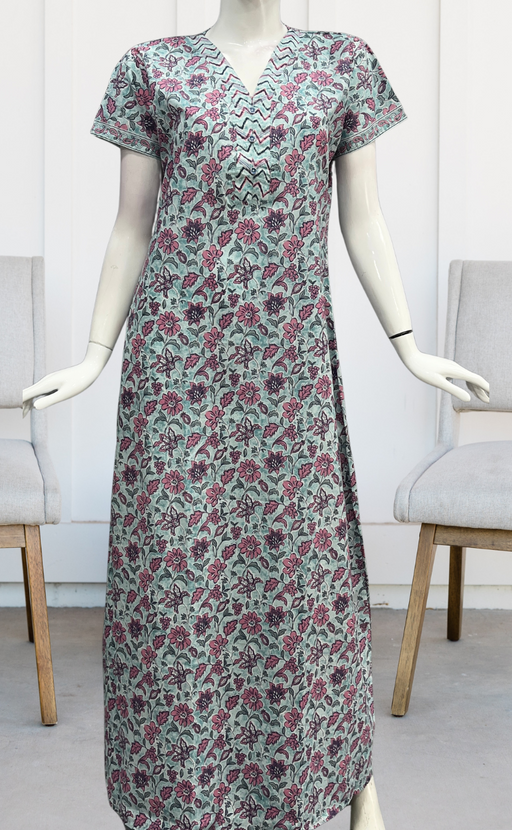Sea Green Floral Pure Cotton Nighty. Pure Durable Cotton | Laces and Frills - Laces and Frills