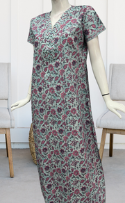 Sea Green Floral Pure Cotton Nighty. Pure Durable Cotton | Laces and Frills - Laces and Frills