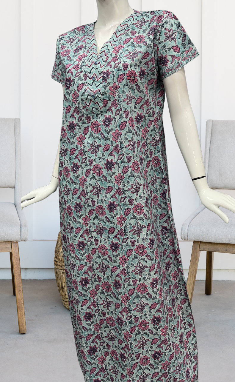 Sea Green Floral Pure Cotton Nighty. Pure Durable Cotton | Laces and Frills - Laces and Frills