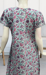 Sea Green Floral Pure Cotton Nighty. Pure Durable Cotton | Laces and Frills - Laces and Frills