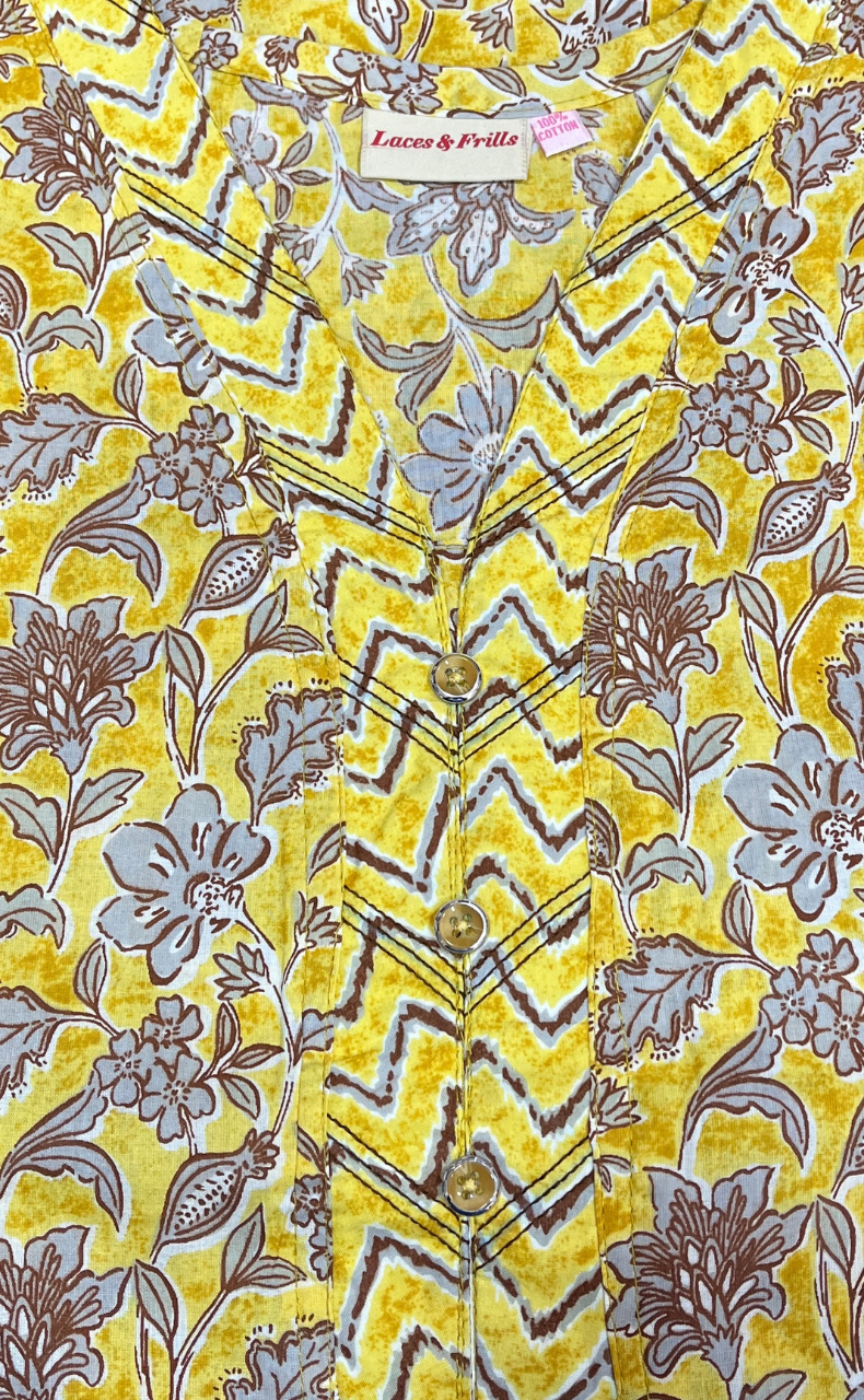 Yellow Floral Pure Cotton Nighty. Pure Durable Cotton | Laces and Frills - Laces and Frills